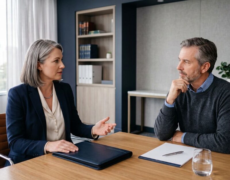 Lawyer discussing the financial realities of litigation costs with a client in a law office - legal costs litigation
