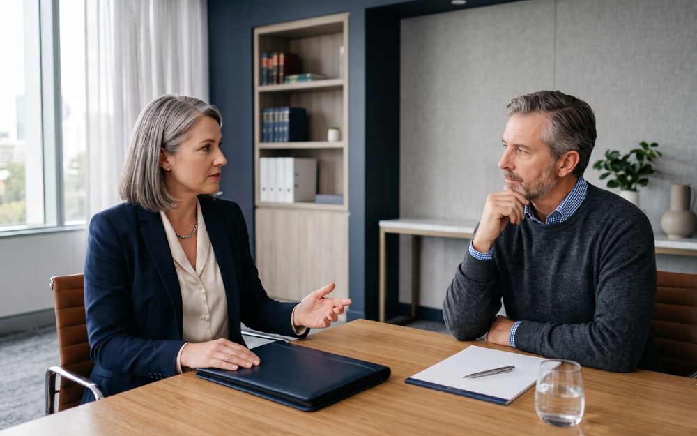 Lawyer discussing the financial realities of litigation costs with a client in a law office - legal costs litigation